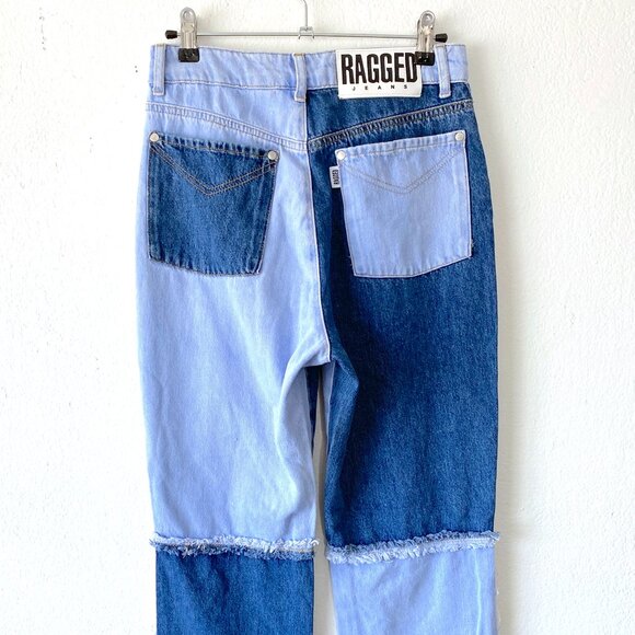 Patchwork Frayed Jeans Two Tone Denim 28 Inch Waist Jeans Trendy Y2k Grunge Punk - Picture 6 of 10